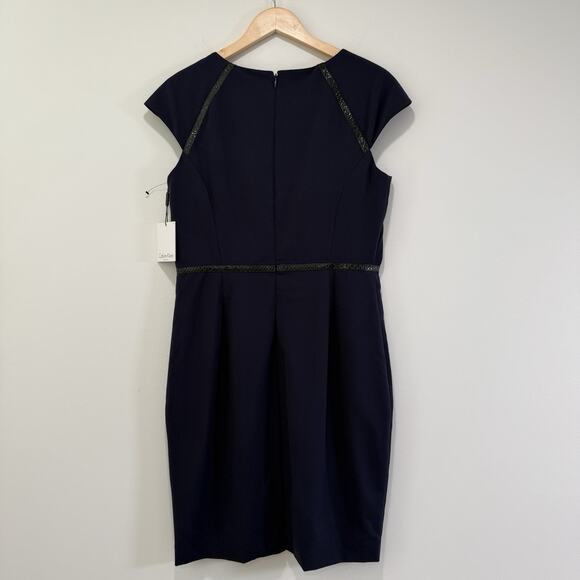 Calvin Klein Cap Sleeve Faux Leather Trim Sheath Dress Sz 10 Indigo Work Career - Picture 10 of 10